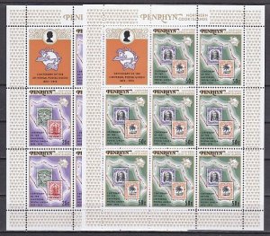 Penrhyn Is., Scott cat. 64-65. UPU Centenary issue as sheets of 8 w/Labels.. ^