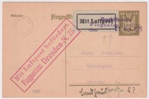 Germany 1925 Goerlitz Flight Card to Dresden on 15pf Postal Card