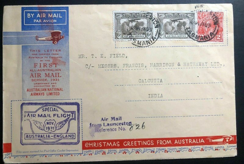 1931 Launceston Tasmania Xmas First Flight Cover FFC To Calcutta India Via Londo