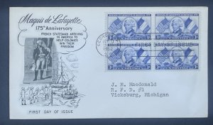 Scott 1010  FDC  Marquis de Lafayette  175th Anniversary  Fleetwood Cachet