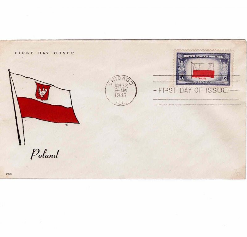 USA 1943 Sc 909 FDC Poland United States First Day Cover US FSC Cachet