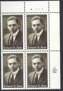 1996 Ernest E. Just Black Heritage Plate Block Of 4 32c Stamps, Sc#3058, MNH, OG