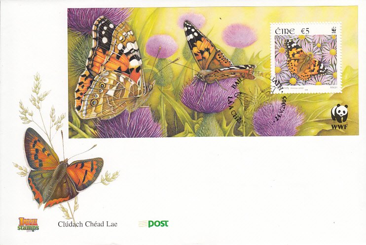 Ireland 2005 FDC Scott #1619 Souvenir sheet 5 Euros Painted lady - Butterflie...