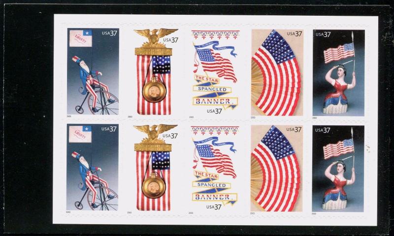 Sc # 3776-3780 (3780a) ~ Booklet Pane ~ 37 cent Old Glory Issue  (sh1eb/blu)