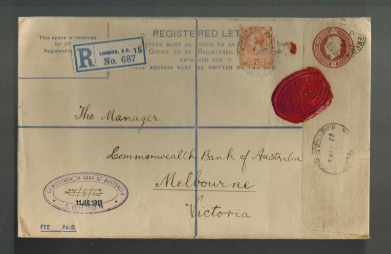 1913 London England Registered Letter Cover to Bank of Australia Red Wax Seal