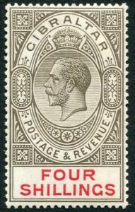 GIBRALTAR-1912-24  4/- Black & Carmine Sg 83  MOUNTED MINT V20416