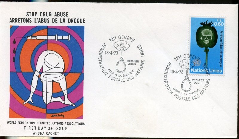 UNITED NATIONS WFUNA STOP DRUG ABUSE GENEVA CACHET BY JOAN LUBY FIRST DAY COVER 