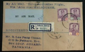 1931 Johor Bahru Malaya Airmail Cover To Hobart Tasmania Via Dutch Australia