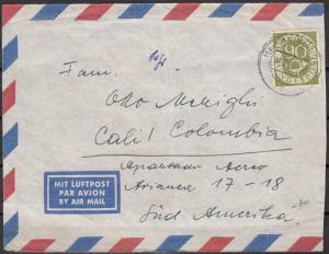 Germany - 14.7.1953 90pf as single franking on air cover to Colombia (1534)