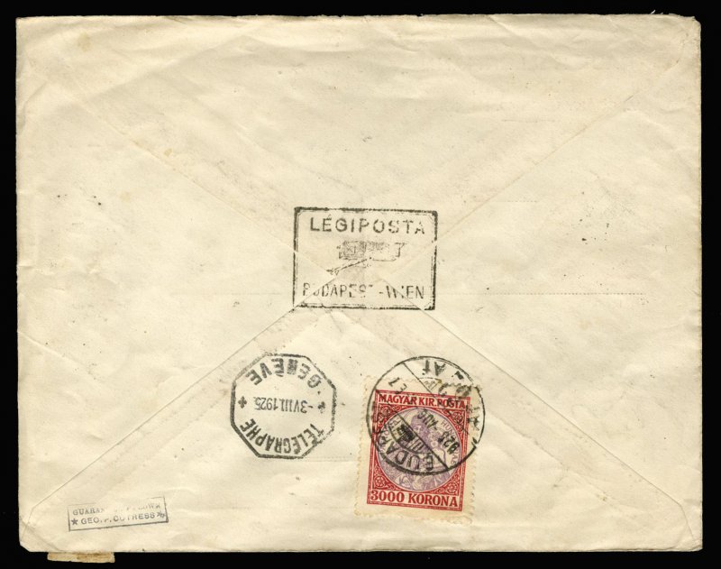 Hungary #B82-84, 1925 Registered airmail cover to Switzerland, attractively f...