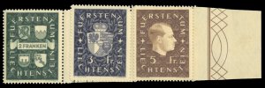 Liechtenstein #157-159 Cat$63, 1939 2fr-5fr, sheet margin set of three, never...