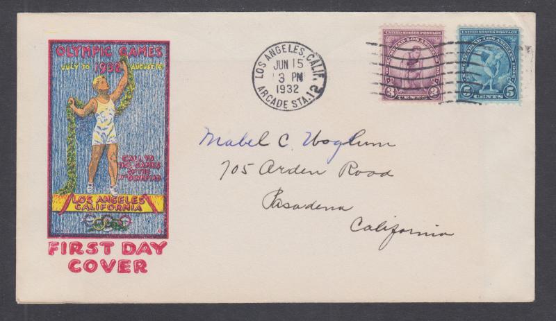 US Mel 718-719-32 FDC. 1932 3c and 5c Olympics combo, R.E. Bennett cachet