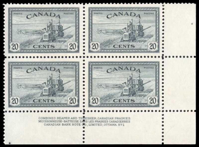 Canada #271 Cat$32.50, 1946 20c slate blue, plate block of four, never hinged