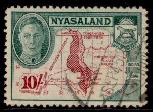 NYASALAND PROTECTORATE GVI SG156, 10s claret & emerald, FINE USED. Cat £19.