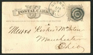 1878 US Postal Card Quincy IL to Manchester OH 1c Liberty Pope & Baldwin Receipt