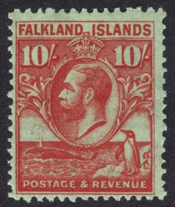 Falkland Is 1929 10s Red on green Whale & Penguin Scott 63 SG 125 MNH Cat $225