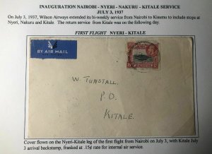 1937 Nyeri Kenya British KUT First Flight Airmail Cover To Kitale Wilson Airways