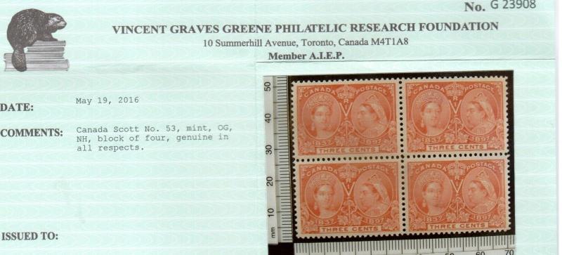 Canada #53 Extra Fine Never Hinged Gem Block **With Certificate**