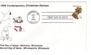 US #2872 29c Christmas Issue FDC Printed Cachet ECV $2.50