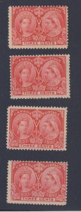 4x Canada Victoria Jubilee Stamp; #53-3c MNH 3x F 1x F/VF Guide Value = $75.00.