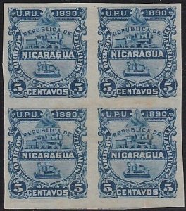 NICARAGUA 1890 5c block of 4 unused IMPERF.................................A5140