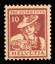 Switzerland #B6 Cat$125, 1916 10c brown red, never hinged