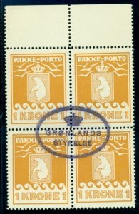 GREENLAND #Q8 1kr Pakke Porto, Schultz issue, Margin Block used Gronlund cert