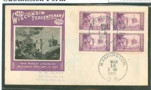 US 755 1935 3c Wisconsin Tercentenary (Farley imperf reissue) block of four on an unaddressed first day cover with an Ioor cache