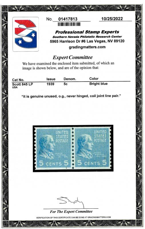 845 Mint,OG,NH... Line Pair... PSE Certificate... SCV $27.50