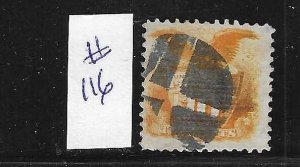 US #116 1869 SHIELD AND EAGLE 10 CENT (YELLOW) GRILL 9.5X9 MM - USED
