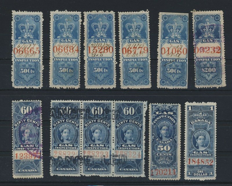 12x Canada Revenue Stamps Gas inspection 5x FG2-50c FG5-$2. FG19-20-22 GV=$80.00