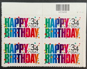 USA, 2002, SC# 3558, Plate Block, Happy Birthday, Unused, MNH, VF