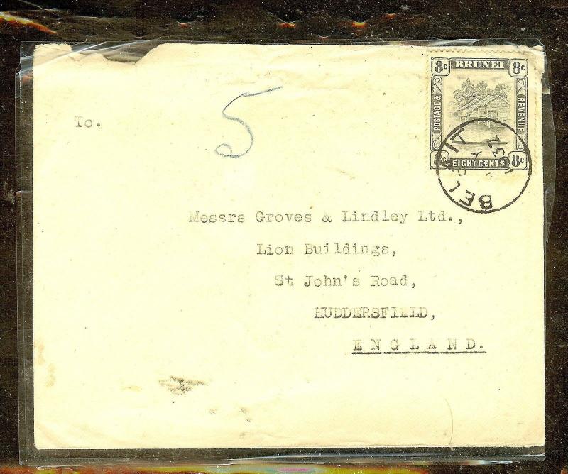 BRUNEI (P1106B) 1937   8C BLACK  BL SINGLE FRANK ON COVER TO ENGLAND