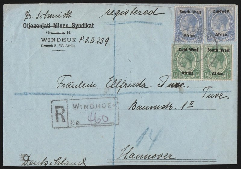 SOUTH WEST AFRICA 1924 Registered cover setting I KGV ½d & III 3d. To Germany. 