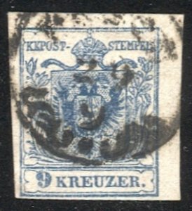 AUSTRIA 1850 9kr Sc 5e MP, Type IIIb fancy Pesth, Hungary postmark/cancel