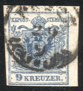 AUSTRIA 1850 9kr Sc 5e MP, Type IIIb fancy Pesth, Hungary postmark/cancel