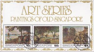 Singapore 1976 Paintings of Old Singapore Souvenir Sheet of 3. Hand Back Cancel