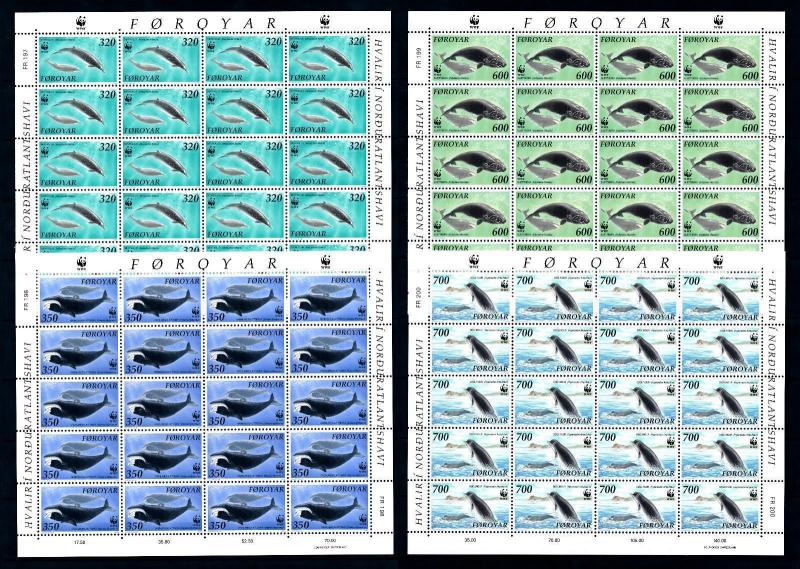 [94548] Faroe Islands 1990 Marine Life Whales WWF 4 Full Sheets MNH