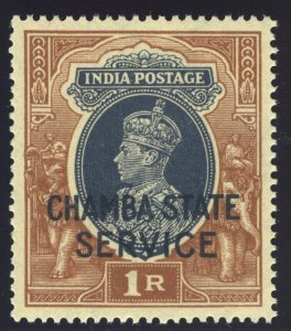 India - Chamba 1940 KGVI Official 1r grey & red-brown MNH. SG O68. Sc O51A.