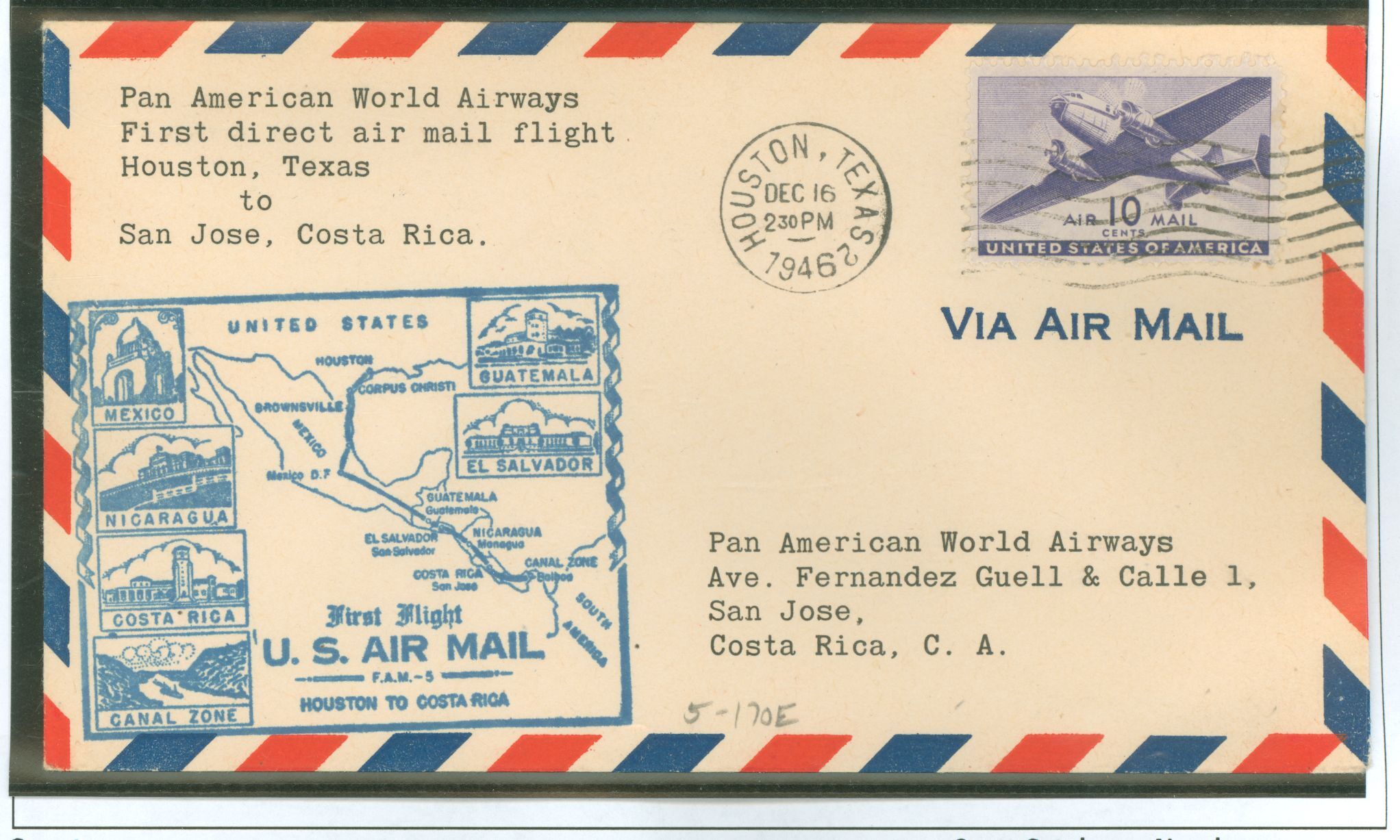 US C27 First Flight, Houston to San Jose, Costa Rica 12.16.46 with San