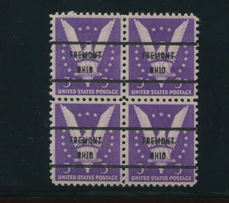 905b RARE REDDISH PURPLE FREMONT OHIO PRECANCEL Used Block of 4 Stamps PSE Cert!