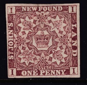 15A Newfoundland Canada Violet Brown 1861 -62 1¢ imperf MNG 4 margin CV: $150.00