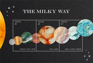 Nevis 2018 - Milky Way Galaxy, Planets - Sheet of 3v - Scott 1947 - MNH
