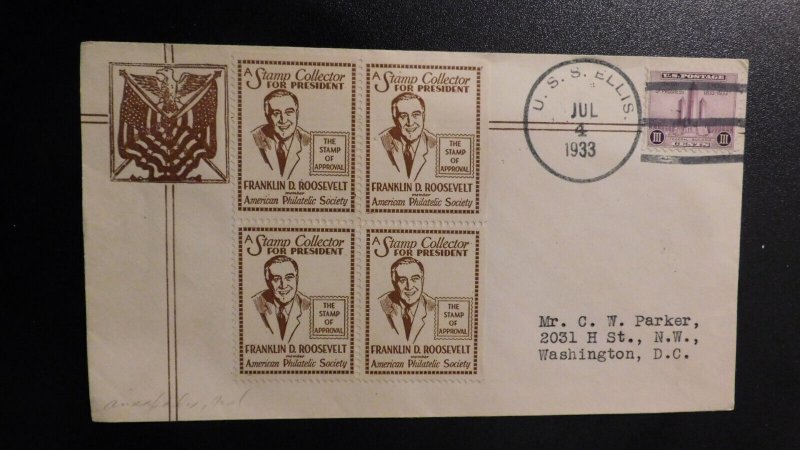 1933 USA Cover USS Ellis to Washington DC FDR Stamp Collector for President