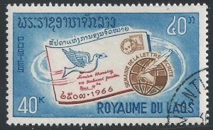 Laos #139 40k Addressed Envelope Carrier Pigeon, Globe & Hand with Pen ~ CTO