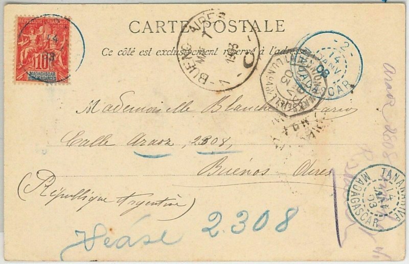 44976 MADAGASCAR - POSTAL HISTORY: POSTCARD of MAJUNGA to ARGENTINA 1903 blue  -