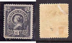 Newfoundland-Sc#60b- id11-unused heavy hinged og 3c brown lilac QV-1890-