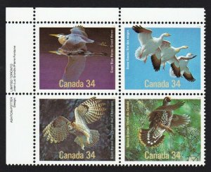 Birds = Owl, Heron, Grouse, Goose - Canada 1986 #1098a MNH-VF UL Block of 4