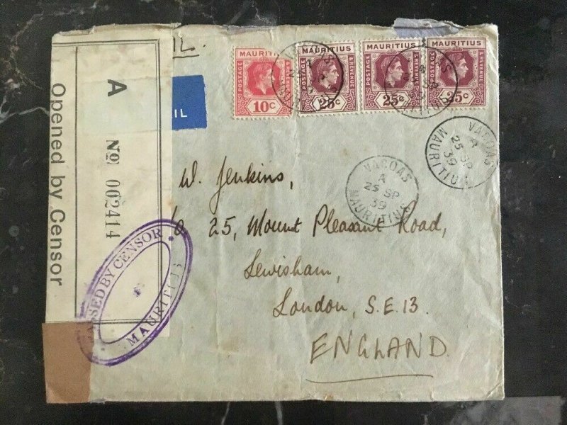 1939 Vacoas Mauritius Military Hospital Censored Cover To London England