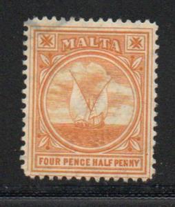 Malta Sc 43 1911 4 1/2d orange Gozo Fishing Boat stamp used